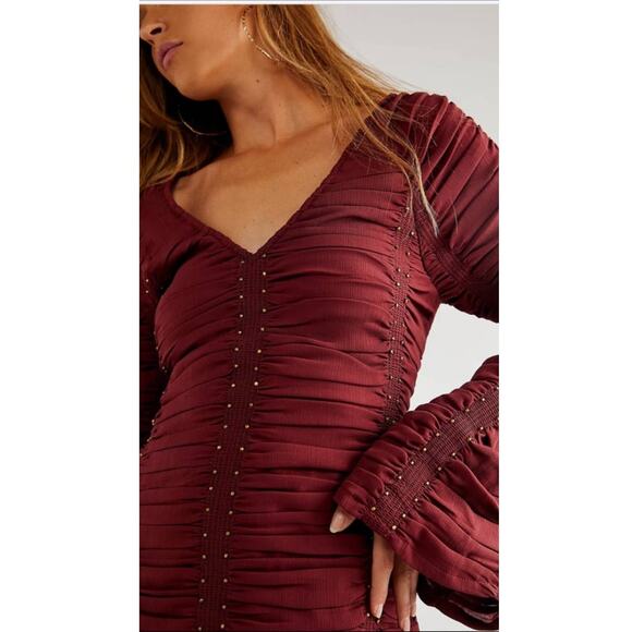New FREE PEOPLE Western Romance Long Sleeve Mini Dress  $448 X-SMALL Red - Picture 2 of 6